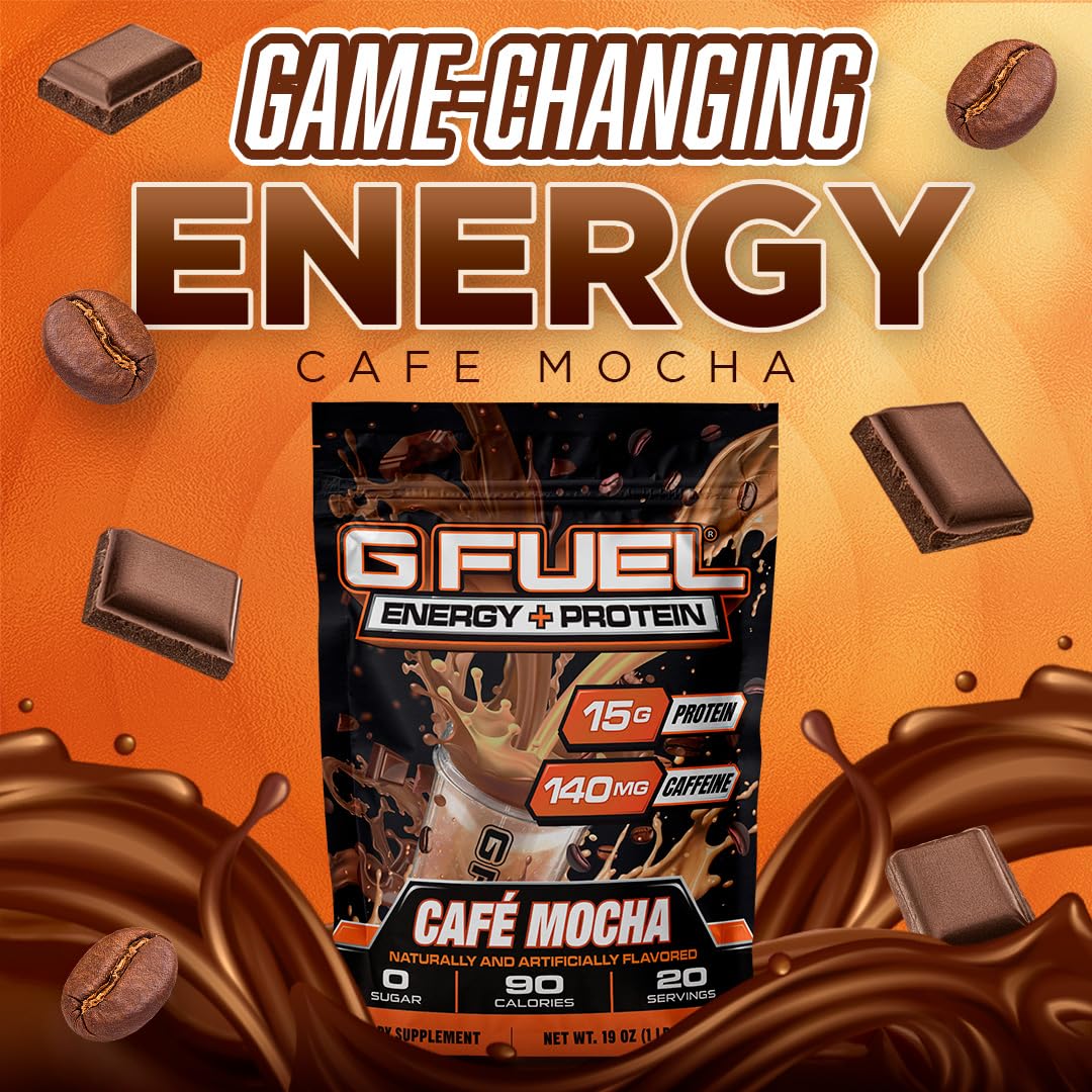 G Fuel Cafe Mocha drink glass showing creamy, sugar-free energy boost.