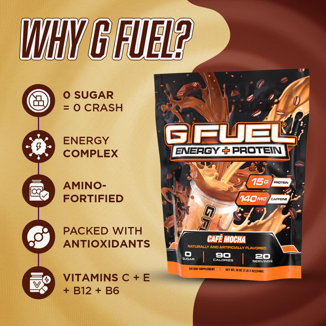 G Fuel Cafe Mocha nutrition label highlights caffeine and vitamins.