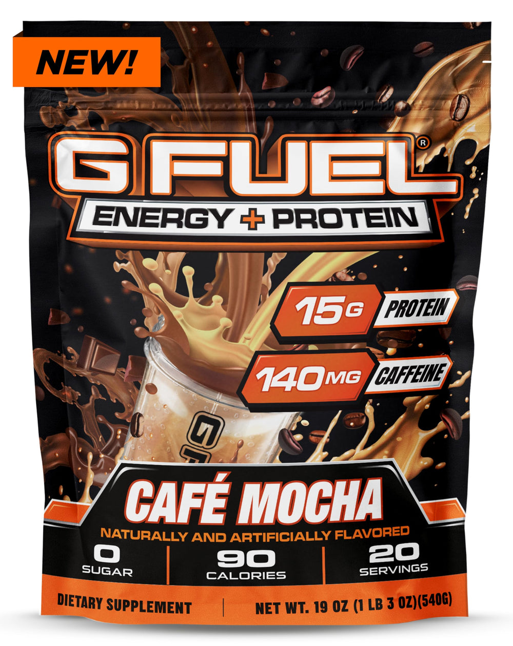 G Fuel Cafe Mocha protein-energy powder tub with rich flavor and scoop.
