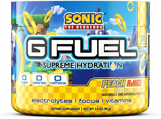 G Fuel Sonic's Peach Rings Supreme Hydration bottle pour reveals quick-mix hydration and focus.