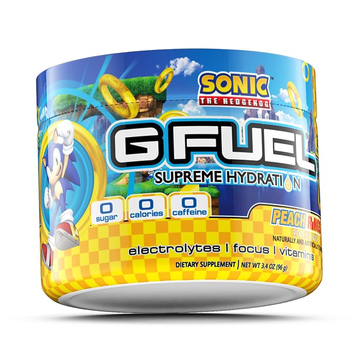 G Fuel Sonic's Peach Rings Supreme Hydration powder-pack closeup highlights convenient servings for workouts.