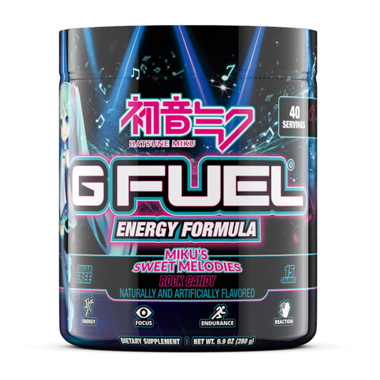G Fuel Sweet Melodies Miku bottle on a desk boosts focus during gaming.