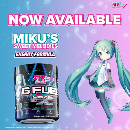G Fuel Sweet Melodies Miku shaker ready to mix a zero-sugar energy drink.