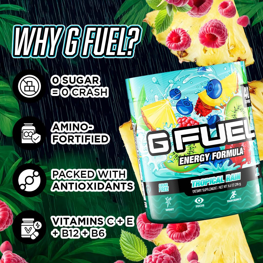 G Fuel Tropical Rain on a gaming setup ready for focus during play
