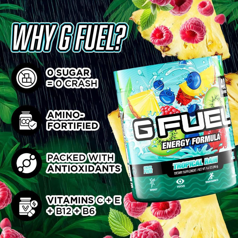 G Fuel Tropical Rain on a gaming setup ready for focus during play