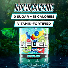 G Fuel Tropical Rain pours into a glass showing refreshing flavor and clean energy