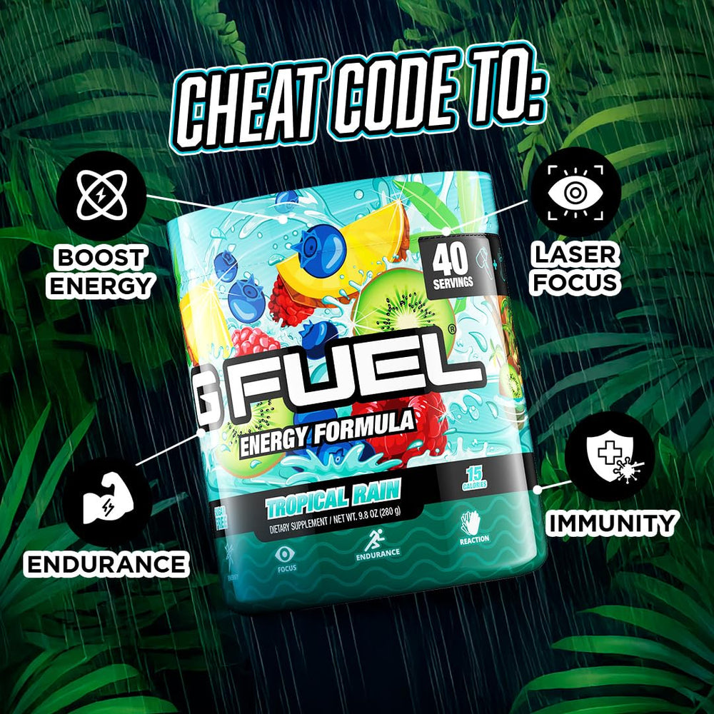 G Fuel Tropical Rain powder dissolving in water for quick energy mix
