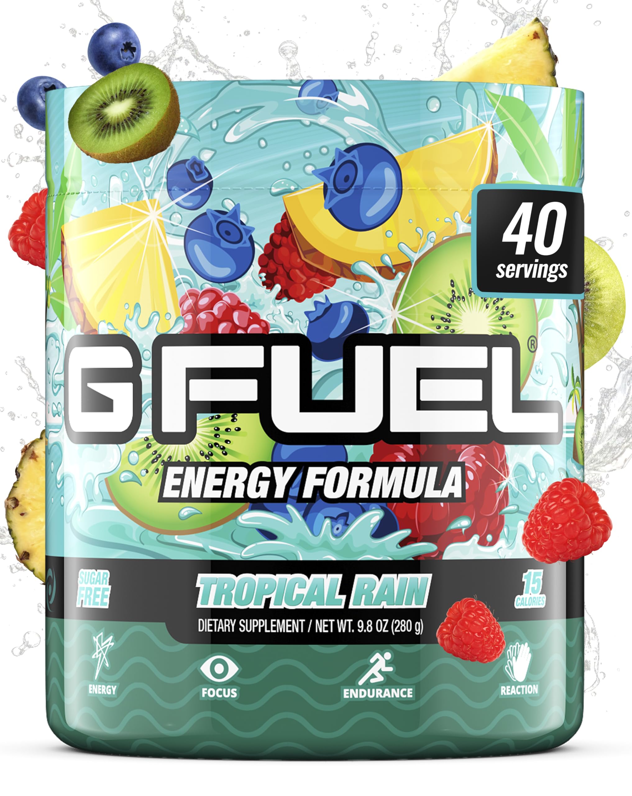 G Fuel Tropical Rain tub front view highlighting sugar free energy for gaming
