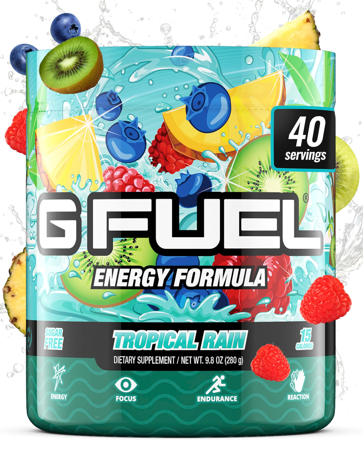 G Fuel Tropical Rain tub front view highlighting sugar free energy for gaming