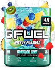 G Fuel Tropical Rain tub front view highlighting sugar free energy for gaming