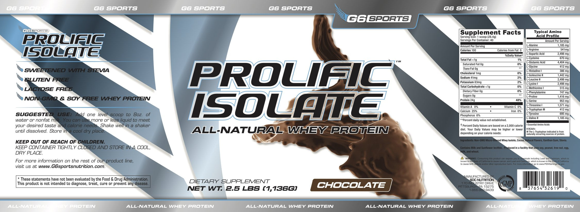 G6 Prolific Isolate chocolate powder close-up for rich flavor.