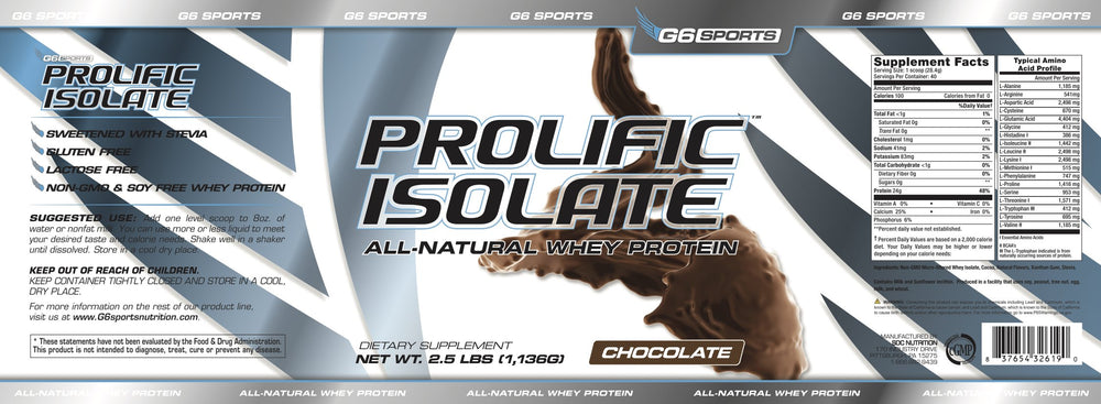 G6 Prolific Isolate chocolate powder close-up for rich flavor.