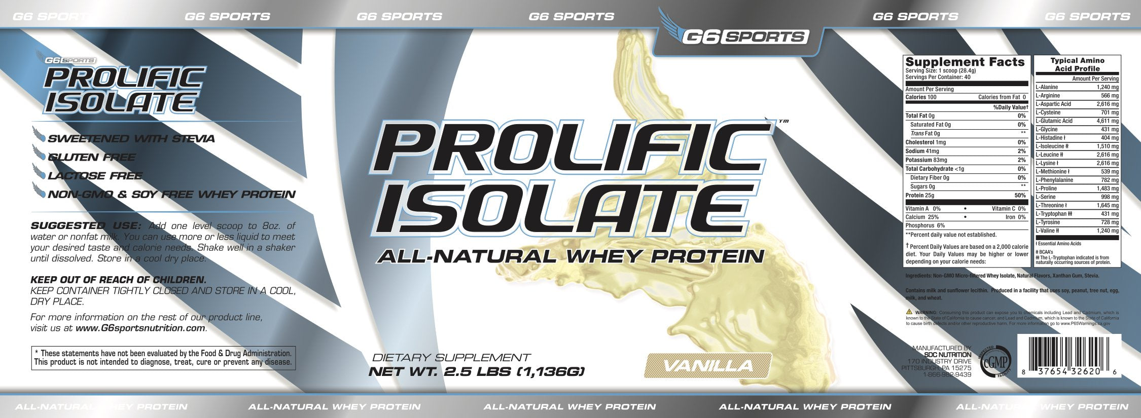 G6 Prolific Isolate bottle back nutrition panel notes gluten-free benefits.