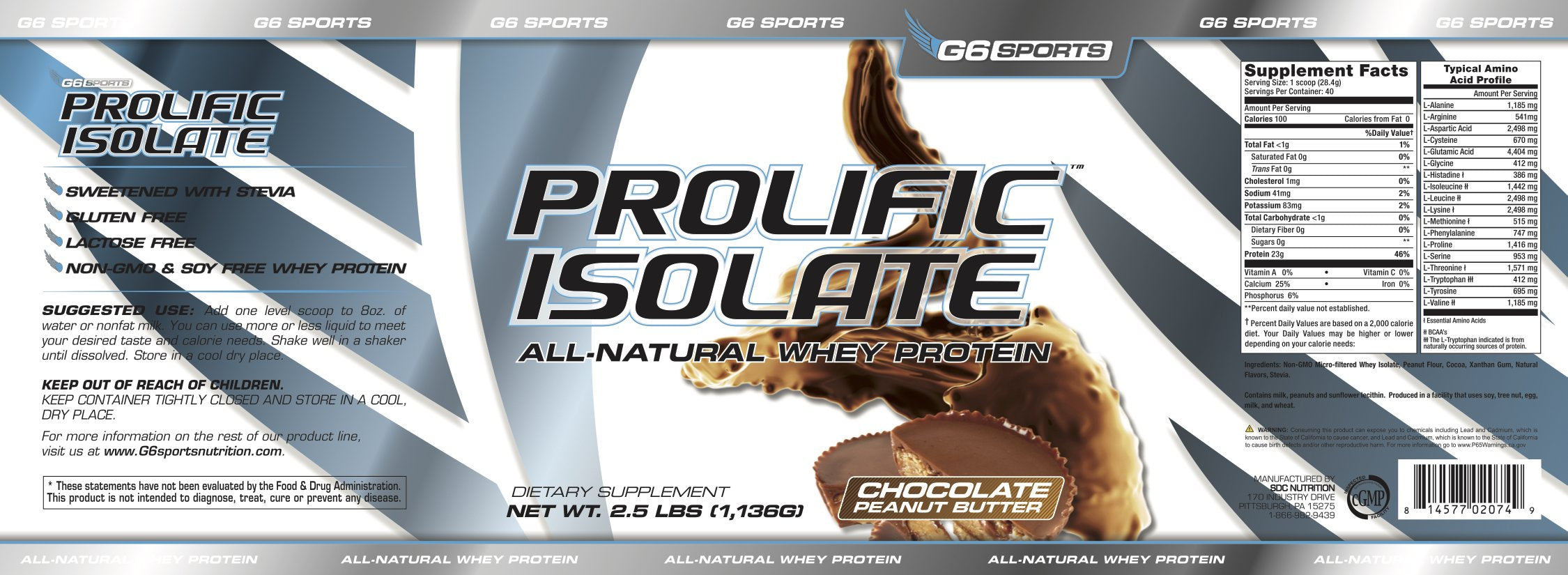 G6 Prolific Isolate powder scoop showing 25g protein per serving