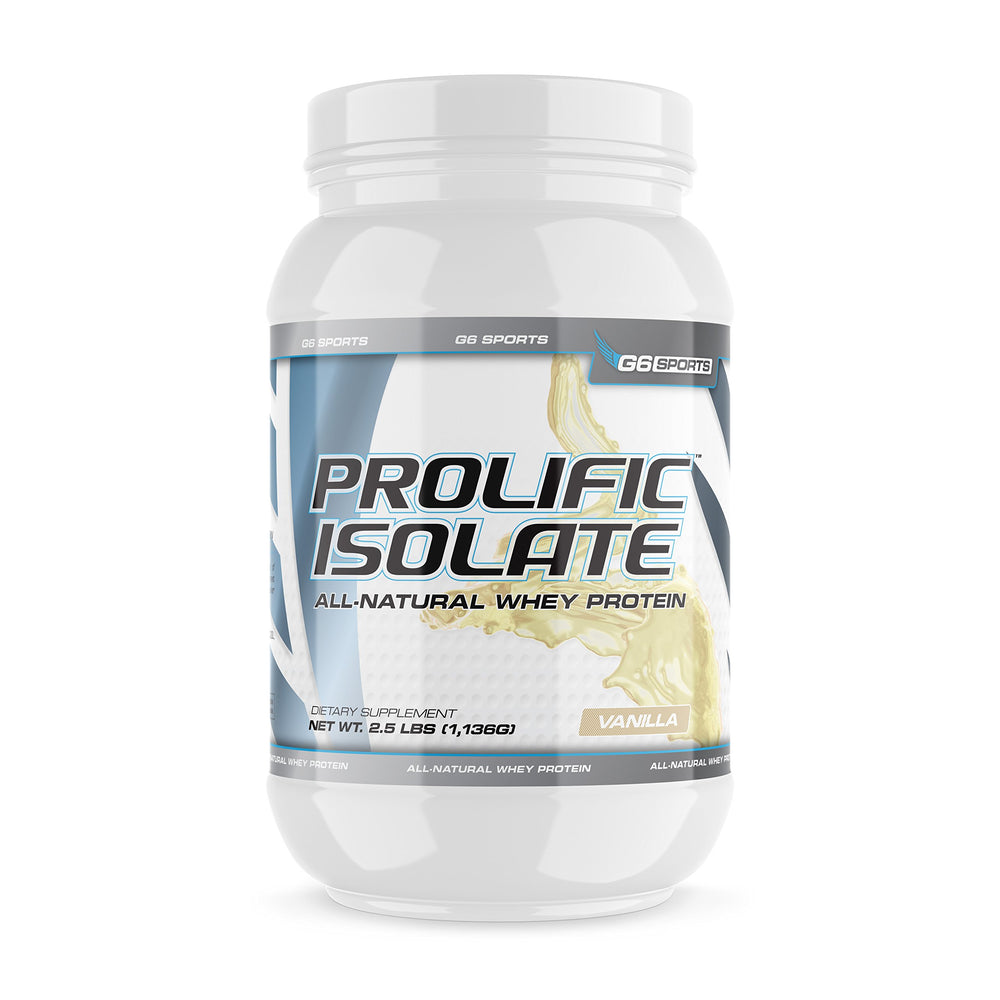 G6 Prolific Isolate jar front displays clean branding for all-natural protein support.