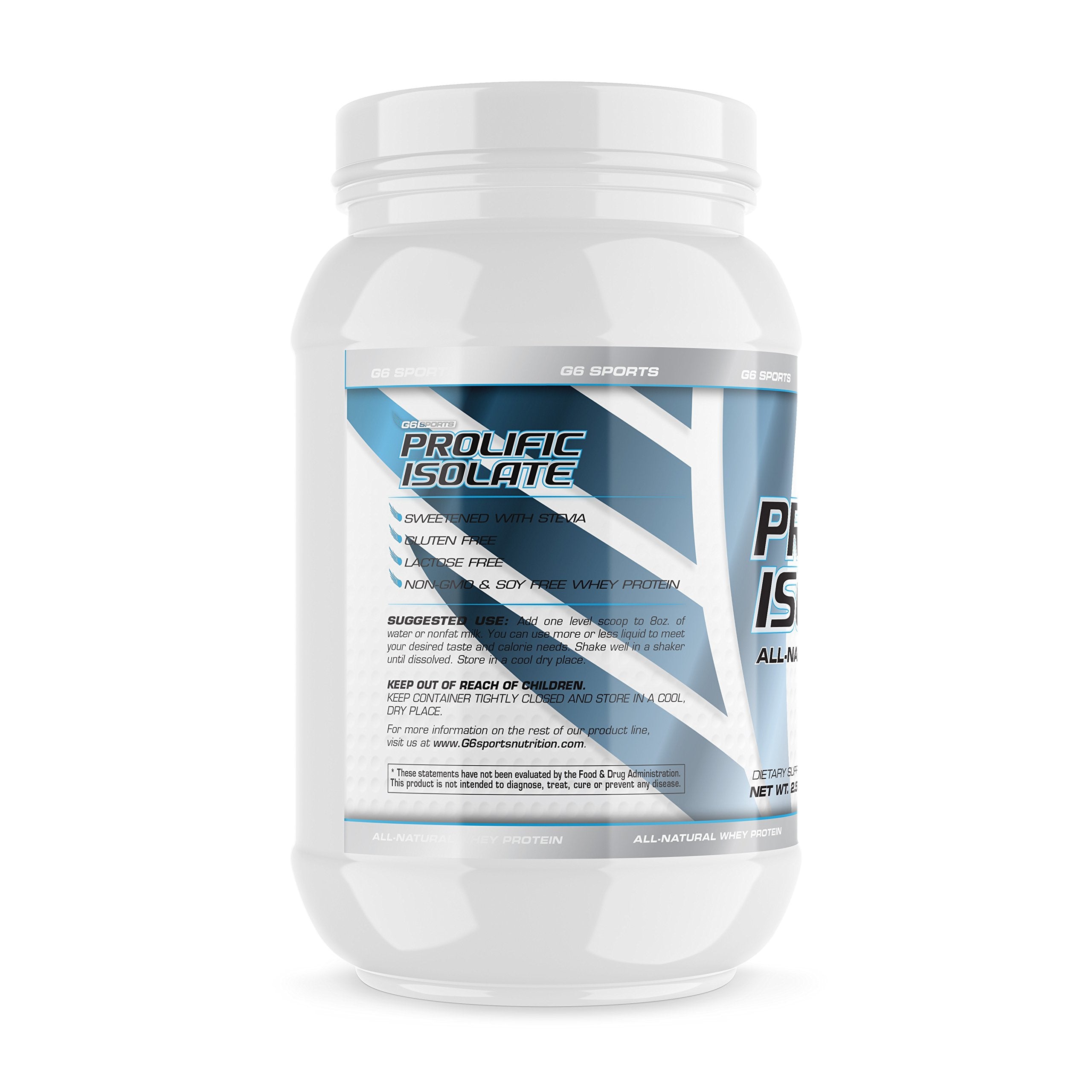 G6 Prolific Isolate tub label closeup highlights 25g protein per serving for athletes.