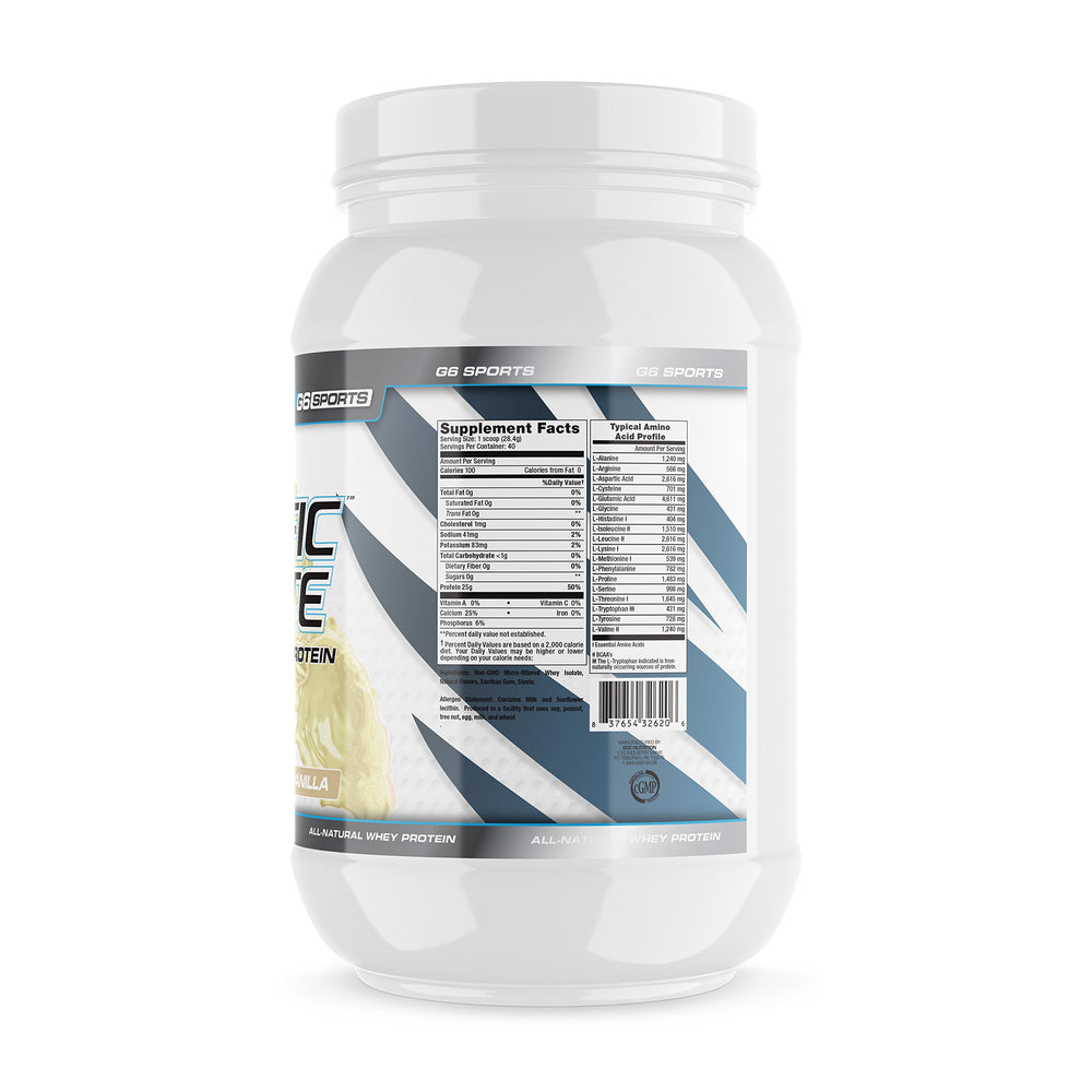 G6 Prolific Isolate vanilla powder scene shows versatile flavor for shakes.