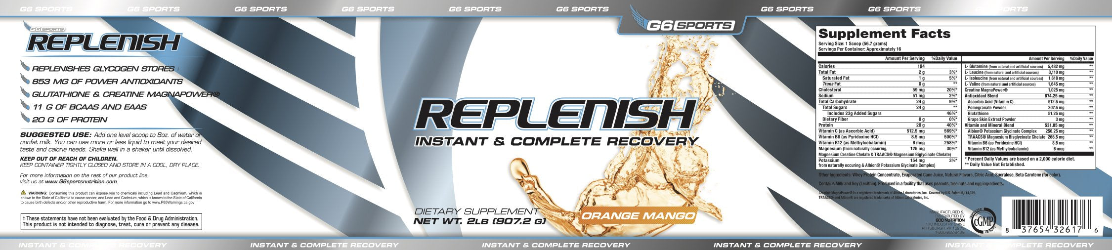 G6 Sports Replenish BCAA-EAA blend bottle emphasizes muscle recovery.
