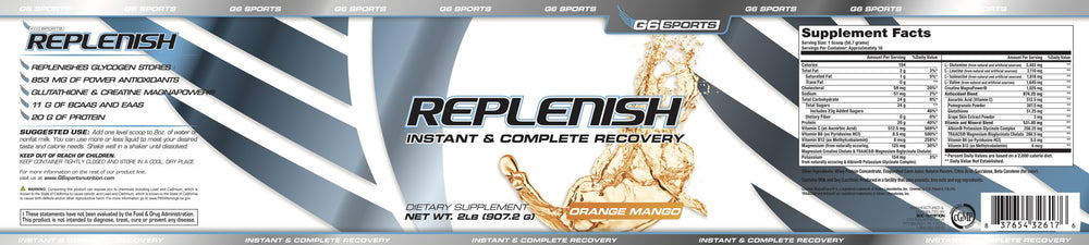 G6 Sports Replenish BCAA-EAA blend bottle emphasizes muscle recovery.