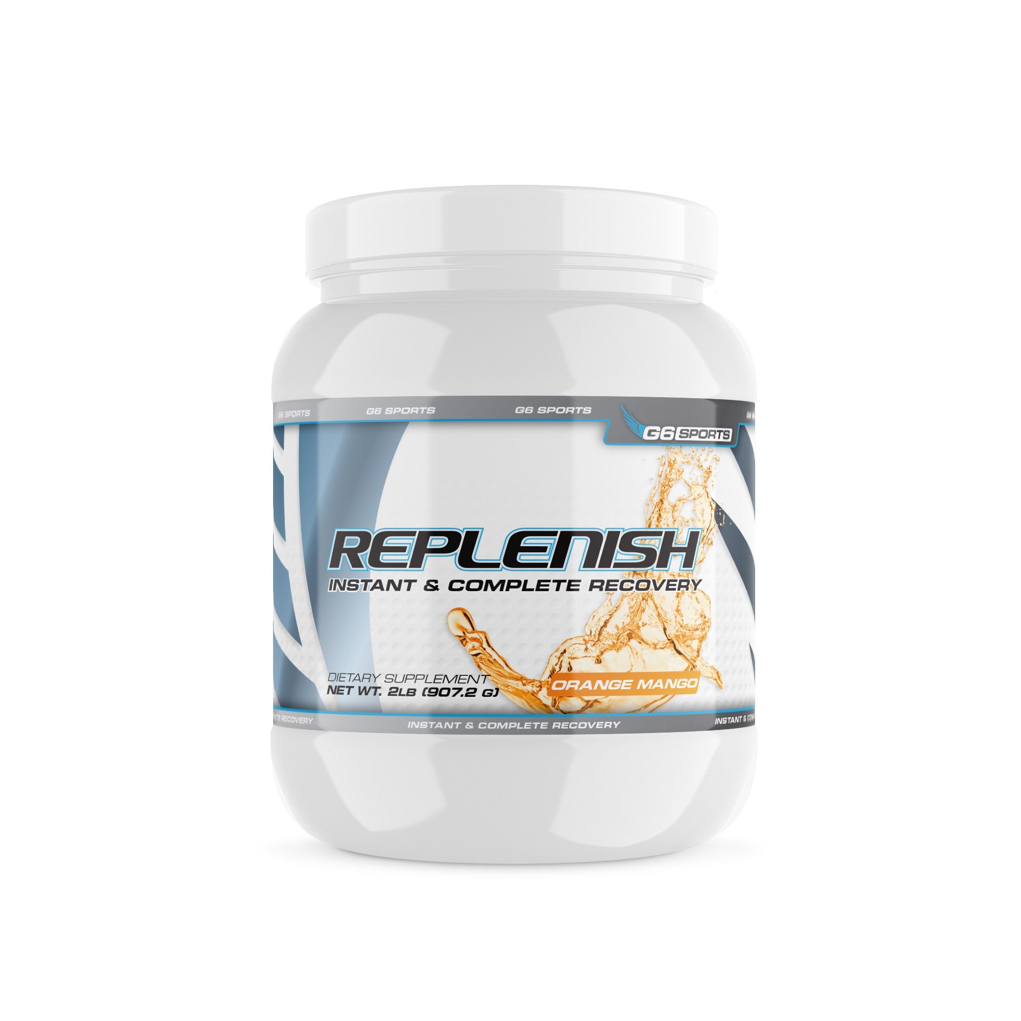 G6 Sports Replenish orange mango tub for post-workout recovery.