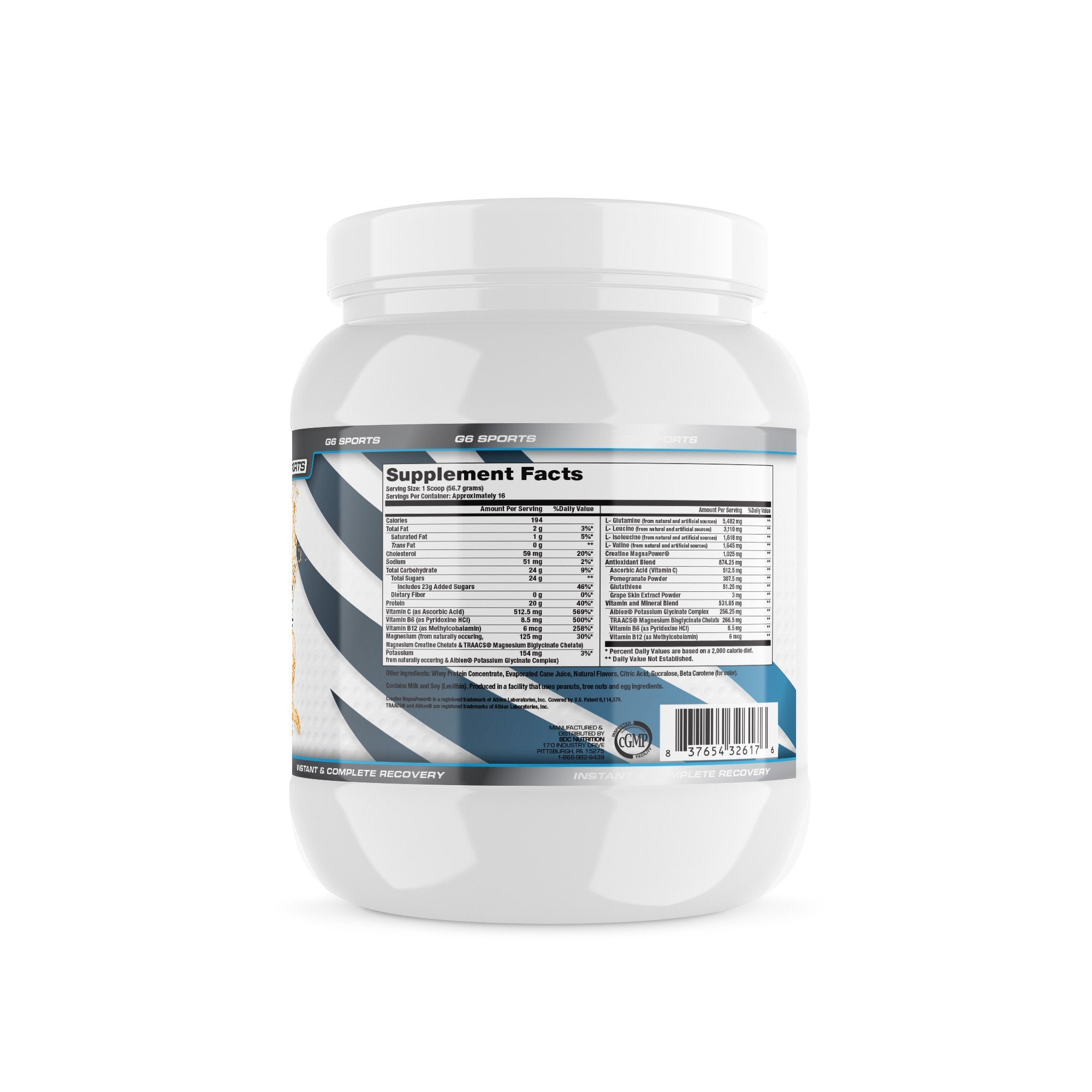 G6 Sports Replenish whey protein scoop highlighting high-protein support.