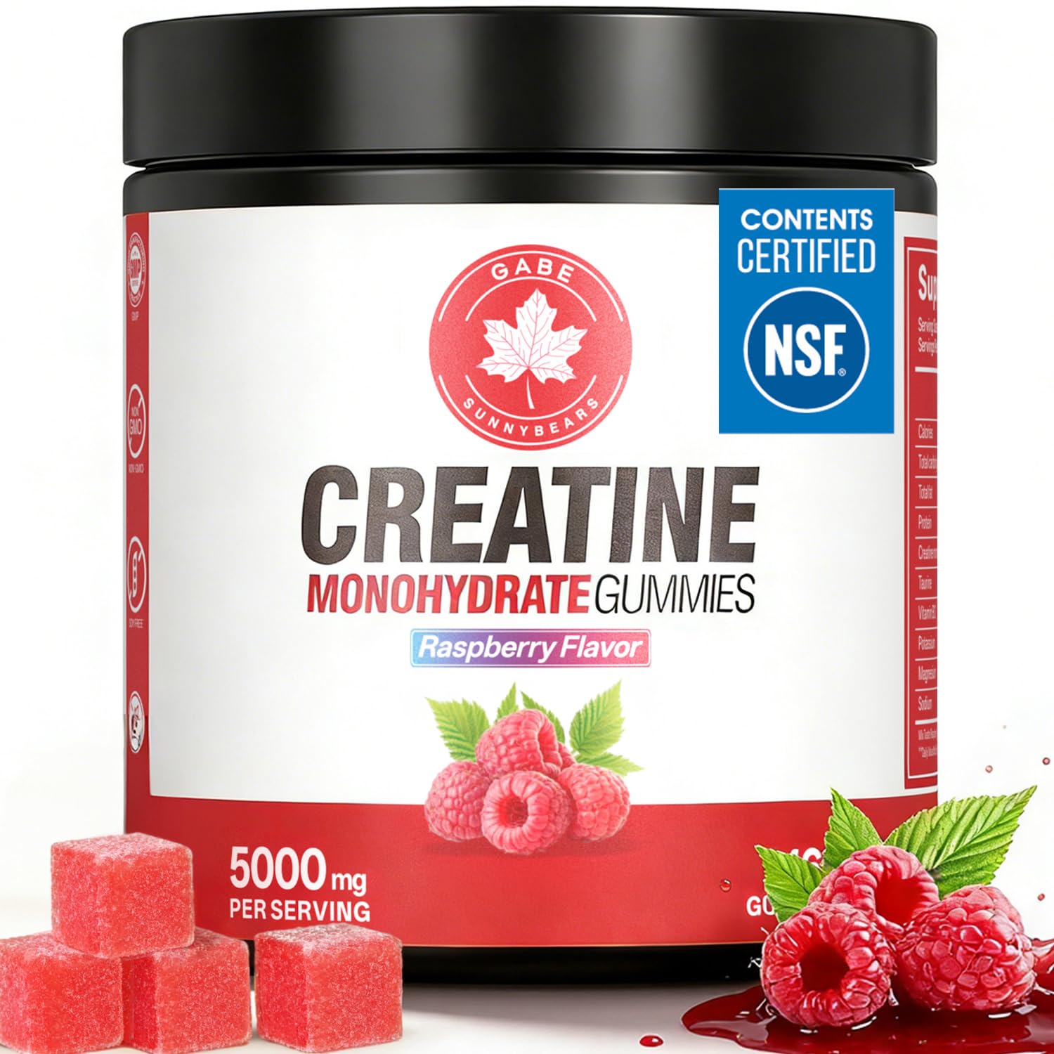 GABE SUNNYBEARS Creatine Gummies raspberry bottle for daily energy support.