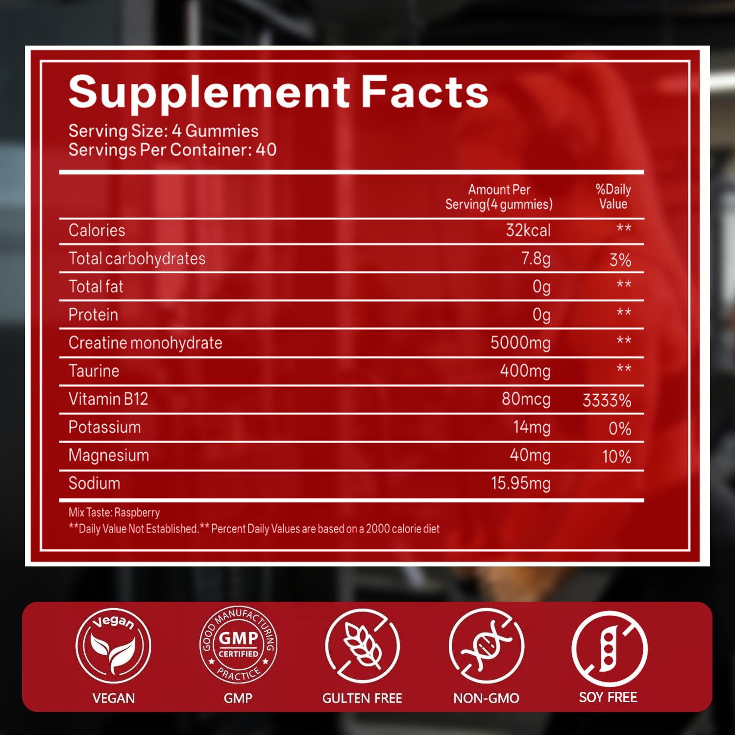GABE SUNNYBEARS Creatine Gummies raspberry flavor close-up ideal for workouts.