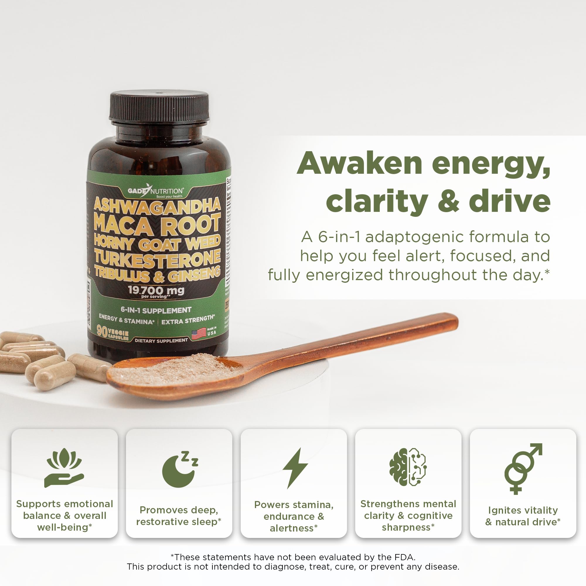 GADE NUTRITION Ashwagandha capsules close-up boosting energy and focus.