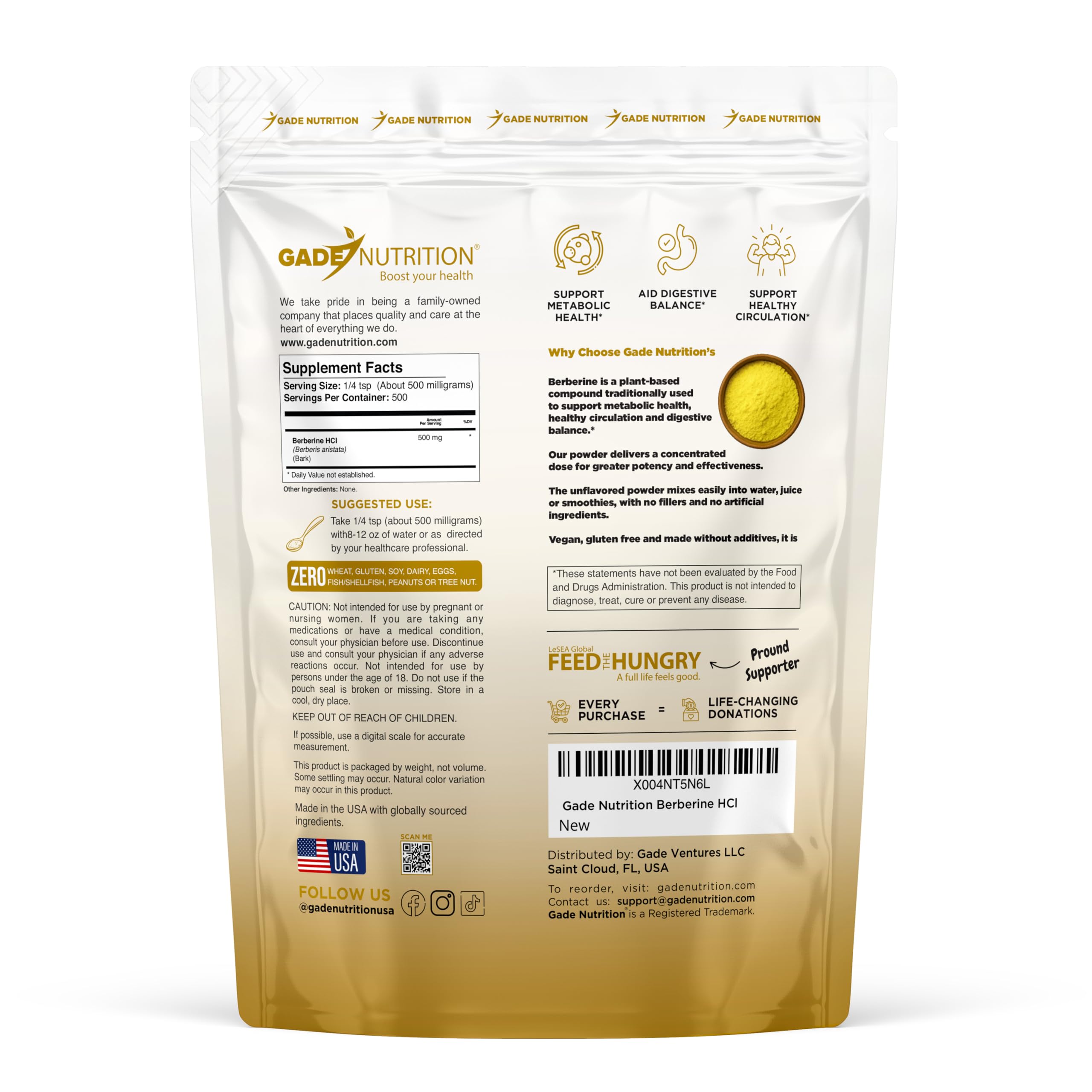 Close-up of GADE Nutrition Berberine HCl powder science label for purity and potency