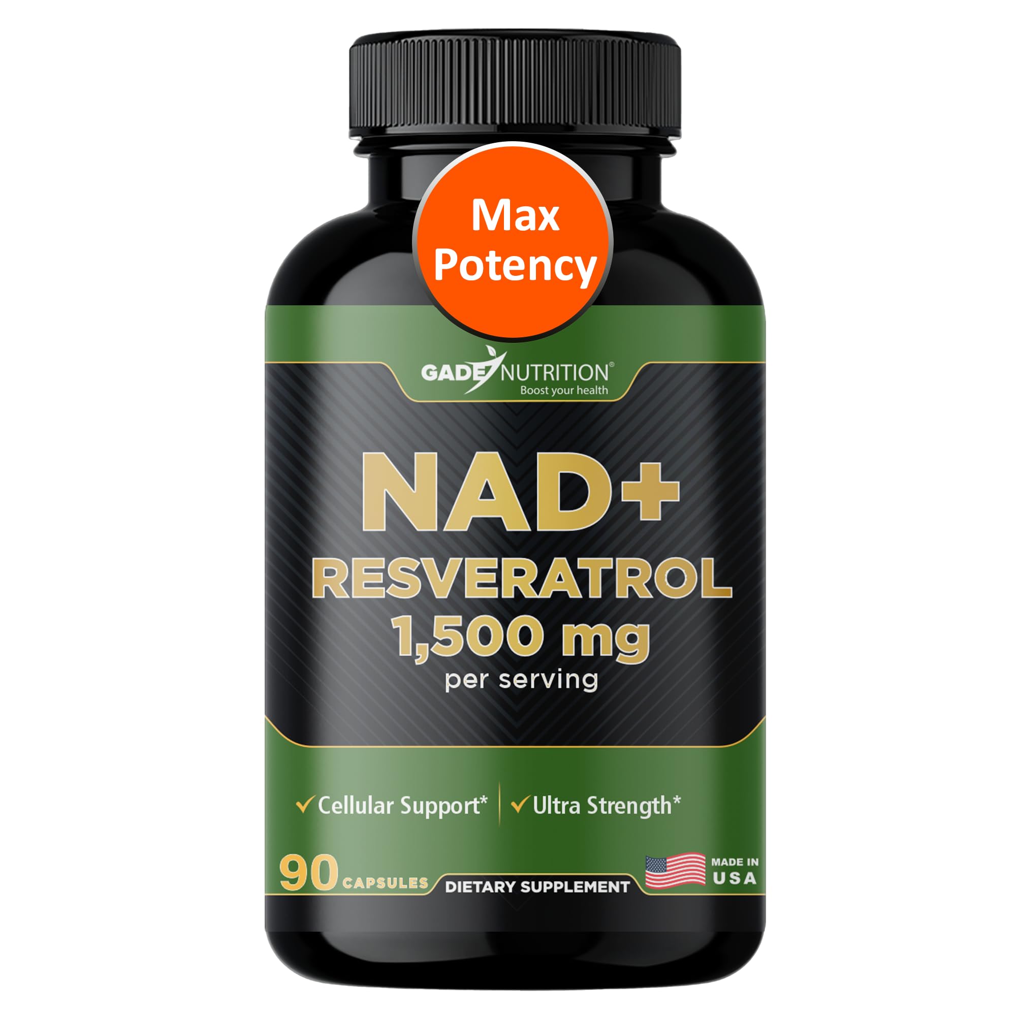 GADE Nutrition NAD+ with Resveratrol bottle front view highlighting antioxidant support for healthy aging