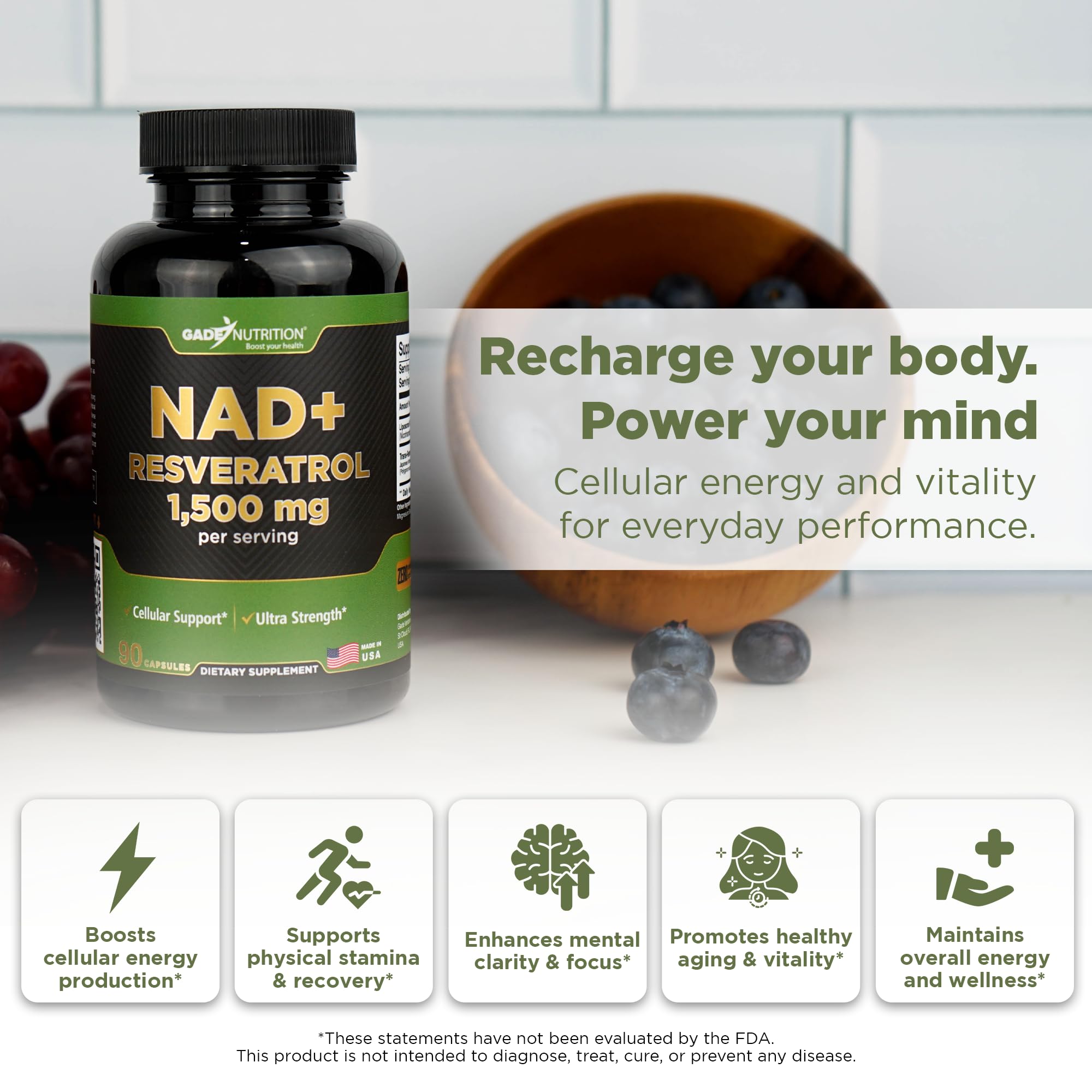 GADE Nutrition NAD+ with Resveratrol bottle side angle emphasizes liposomal delivery for better absorption