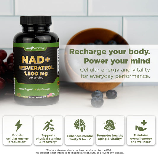 GADE Nutrition NAD+ with Resveratrol bottle side angle emphasizes liposomal delivery for better absorption