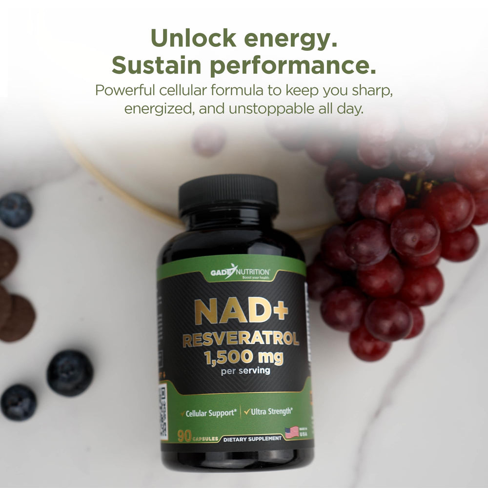 GADE Nutrition NAD+ with Resveratrol label detail confirms 98% Trans-Resveratrol potency