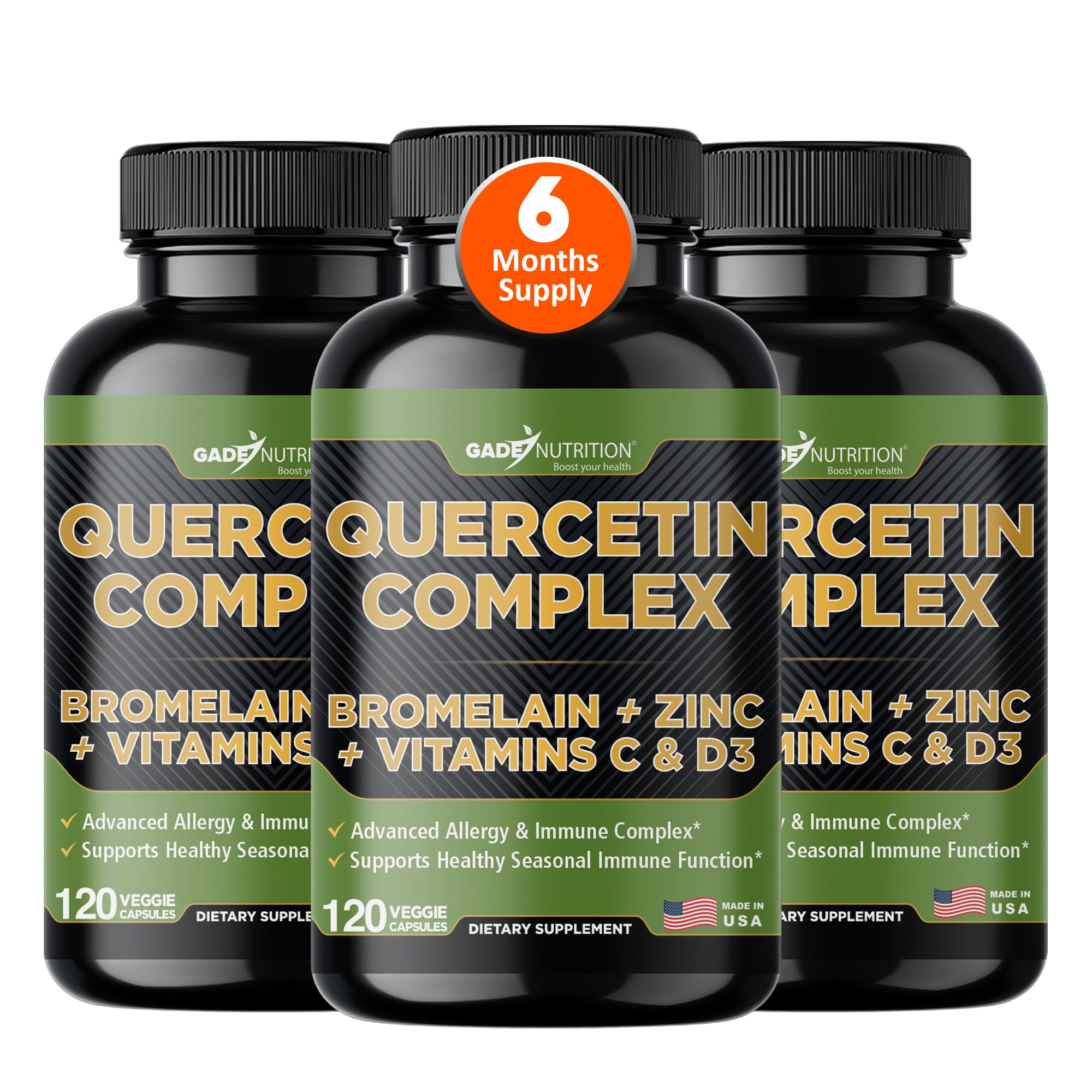 GADE NUTRITION quercetin bottle showcases immune support for daily wellness