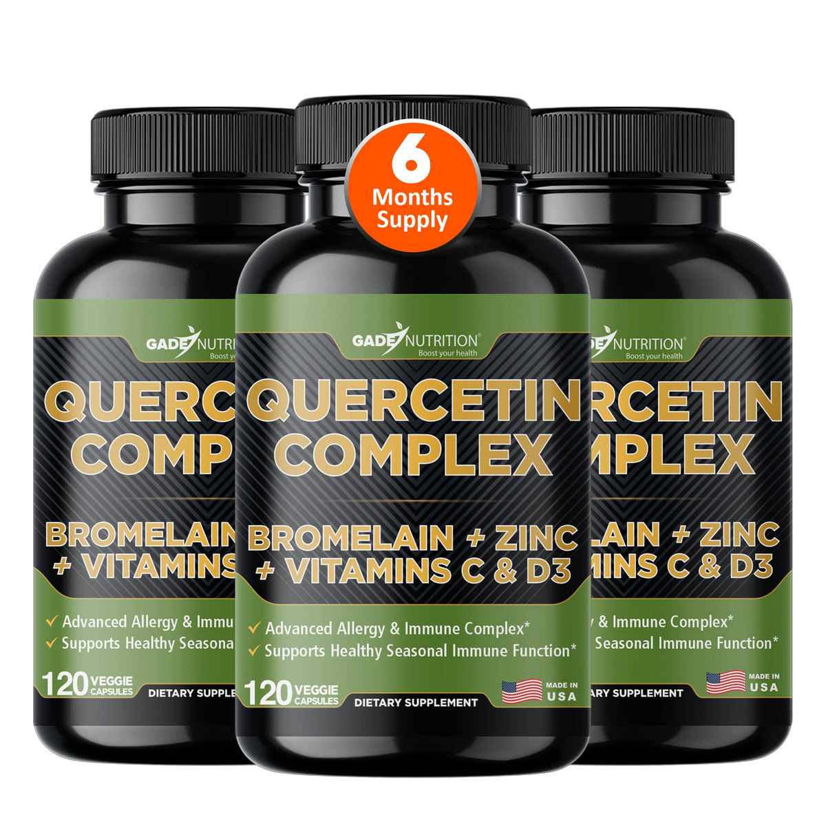 GADE NUTRITION quercetin bottle showcases immune support for daily wellness