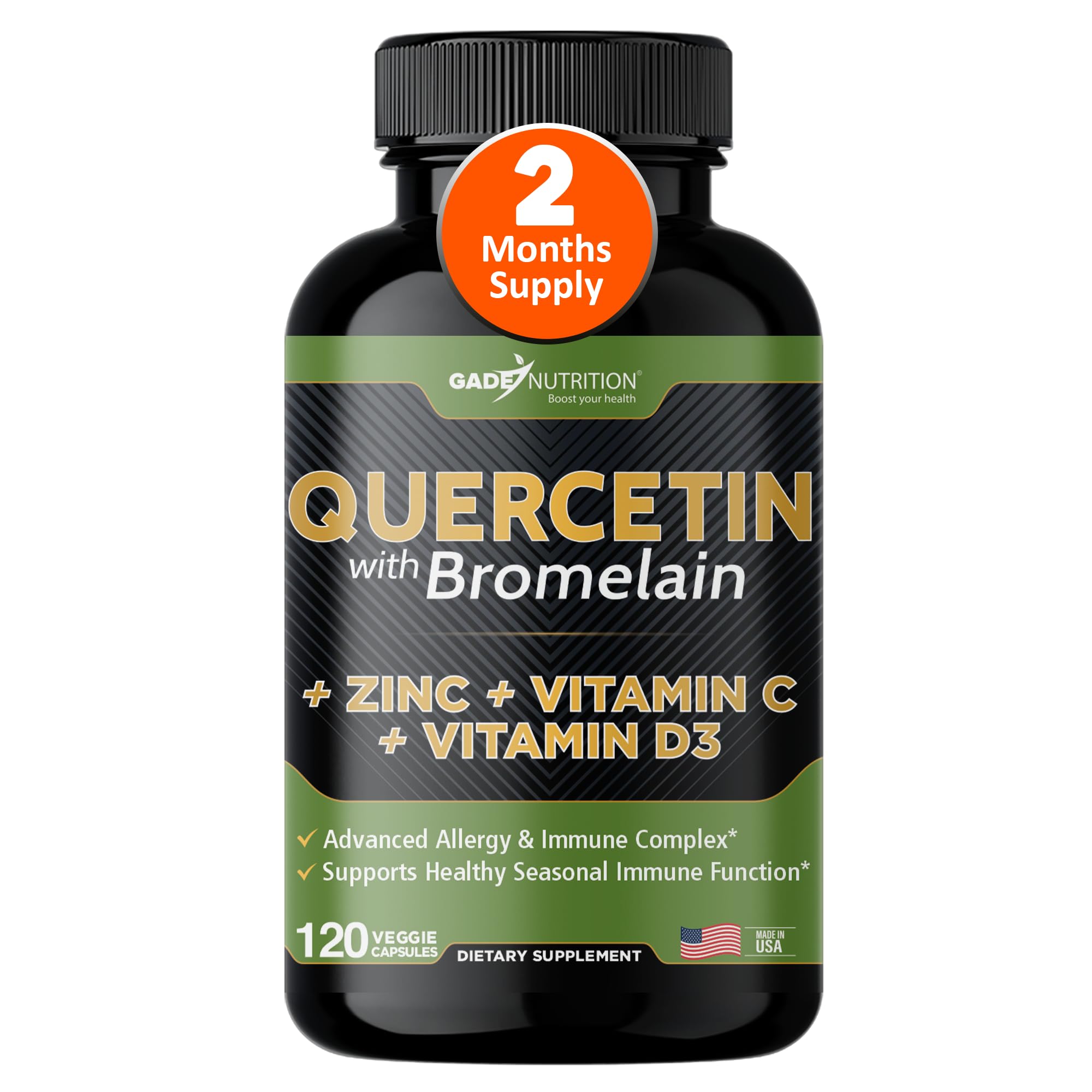 GADE NUTRITION Quercetin bottle with capsules for immune support may help immunity.