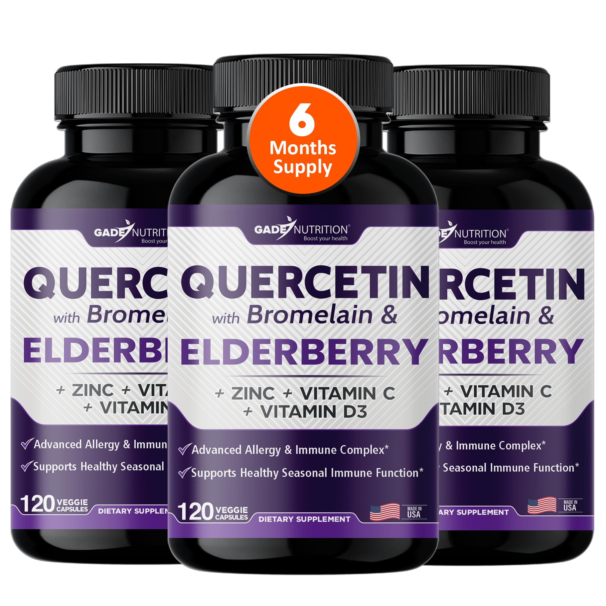 Gade Nutrition Quercetin bottle label highlights immune-support ingredients.