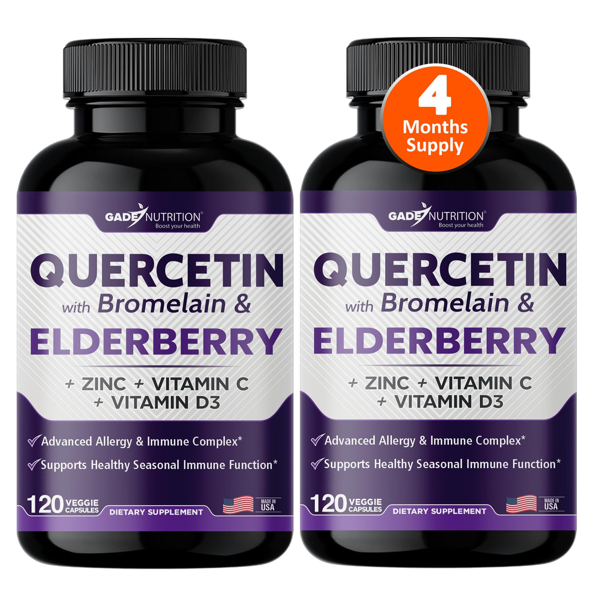 GADE Nutrition quercetin with bromelain elderberry bottle on shelf supports daily balance and resilience