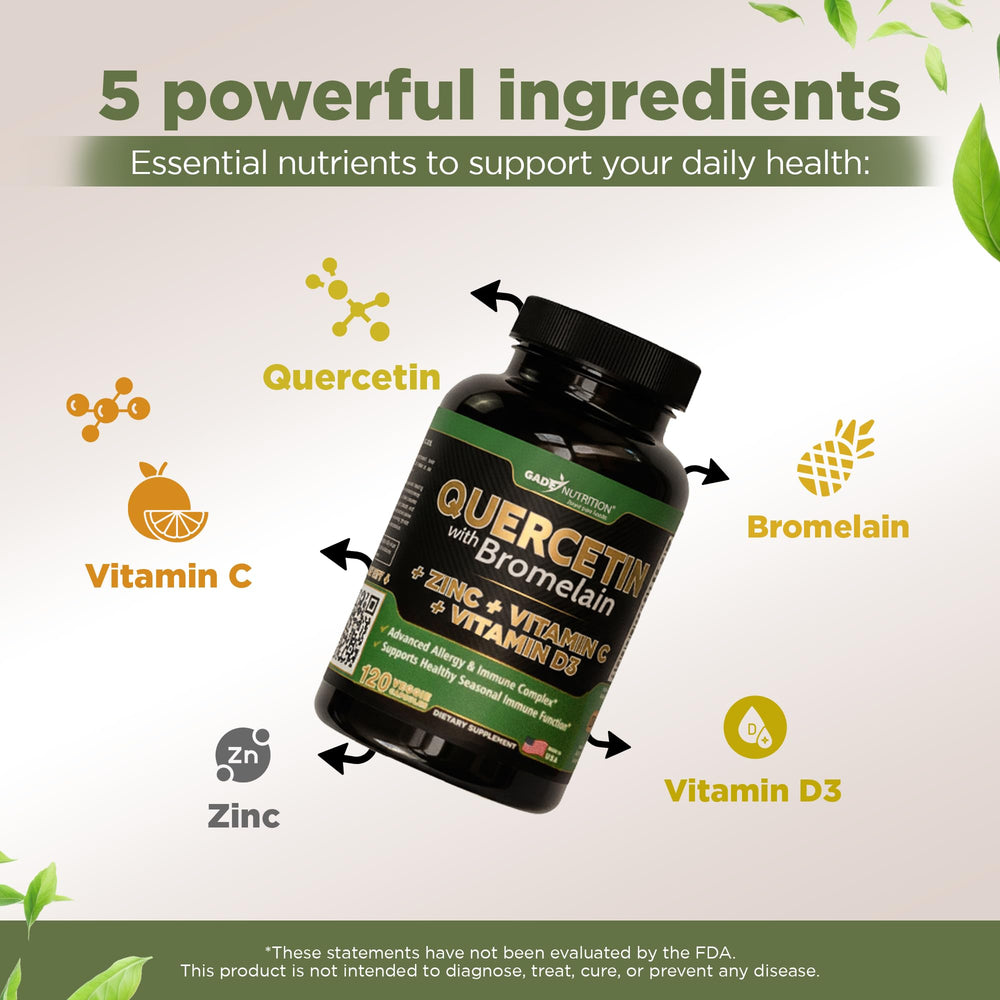 Gade Nutrition quercetin with bromelain ingredients display for immune wellness.