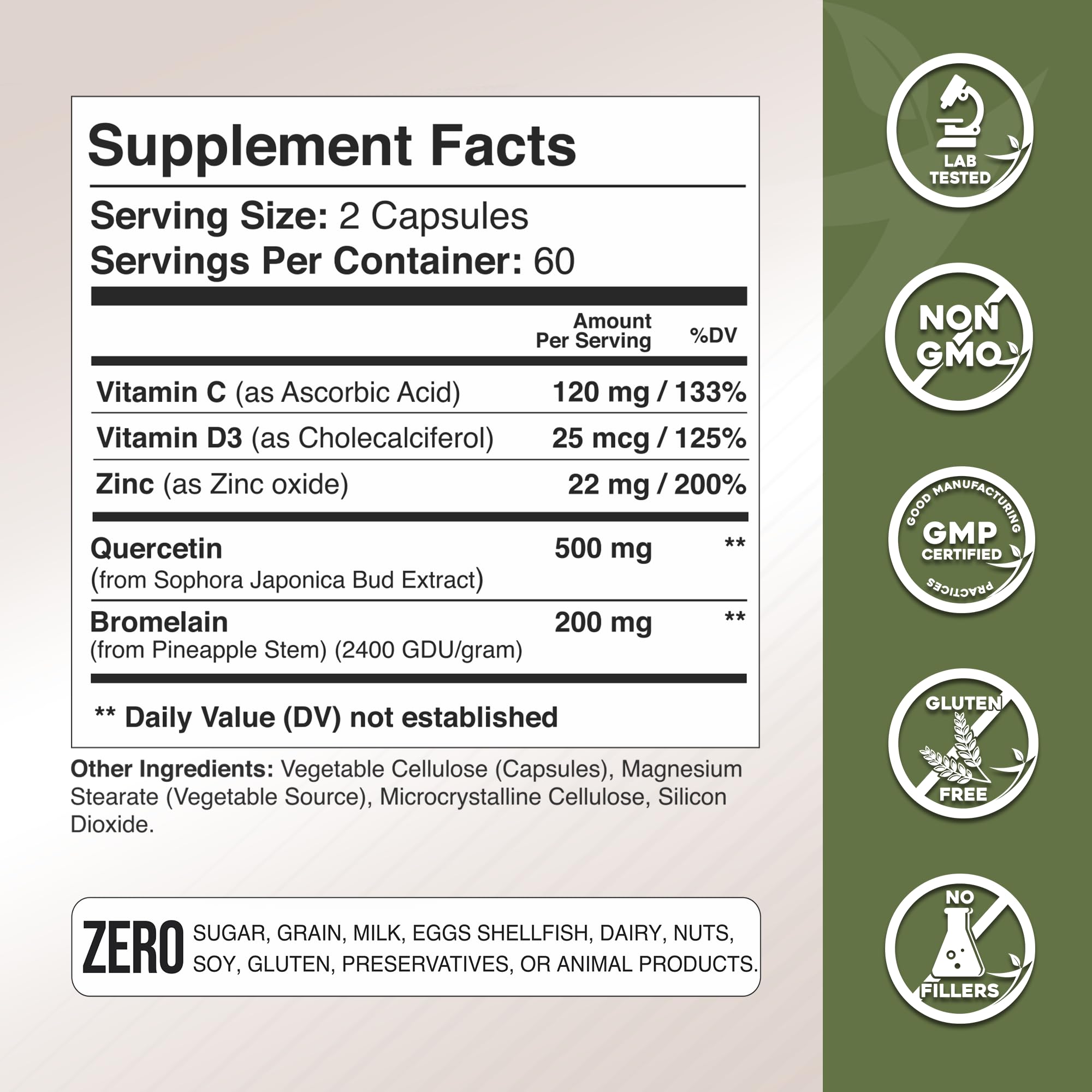 Gade Nutrition quercetin with vitamins C, D3, and zinc label highlighting key nutrients.