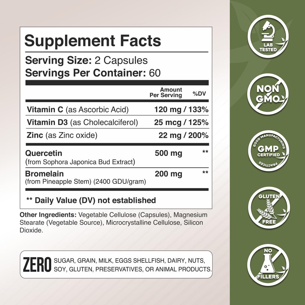 Gade Nutrition quercetin with vitamins C, D3, and zinc label highlighting key nutrients.