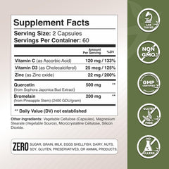 Gade Nutrition quercetin with vitamins C, D3, and zinc label highlighting key nutrients.