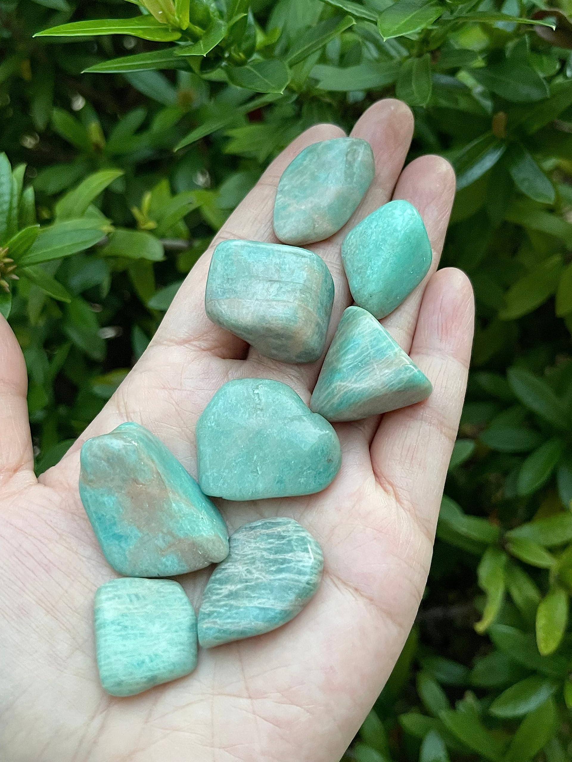 GAF Treasures polished amazonite gemstones close-up highlighting soothing color for energy work.