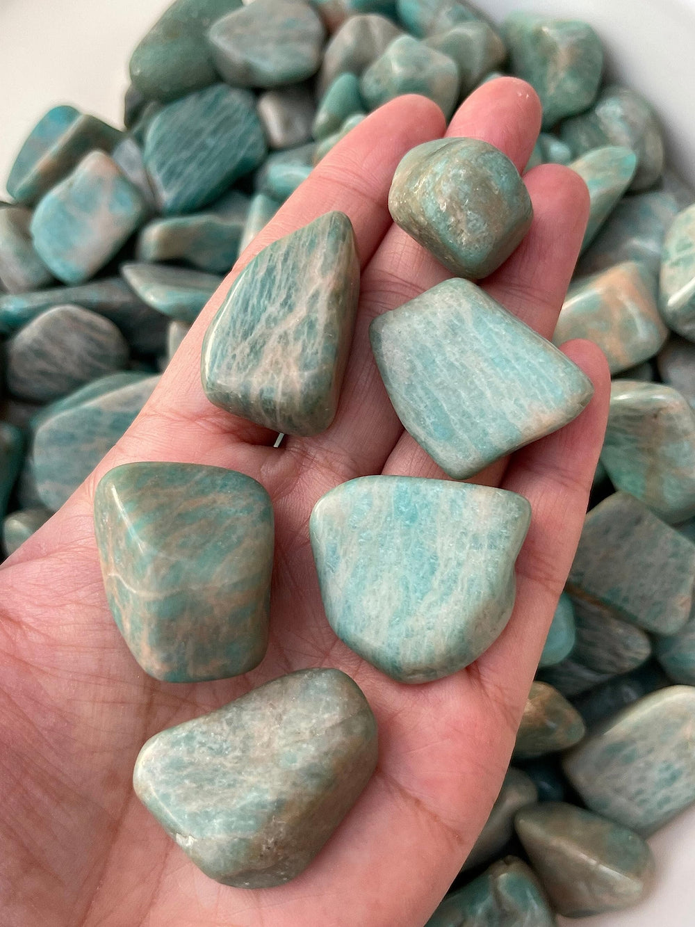 GAF Treasures amazonite stones showcasing blue-green hues for calming rituals.