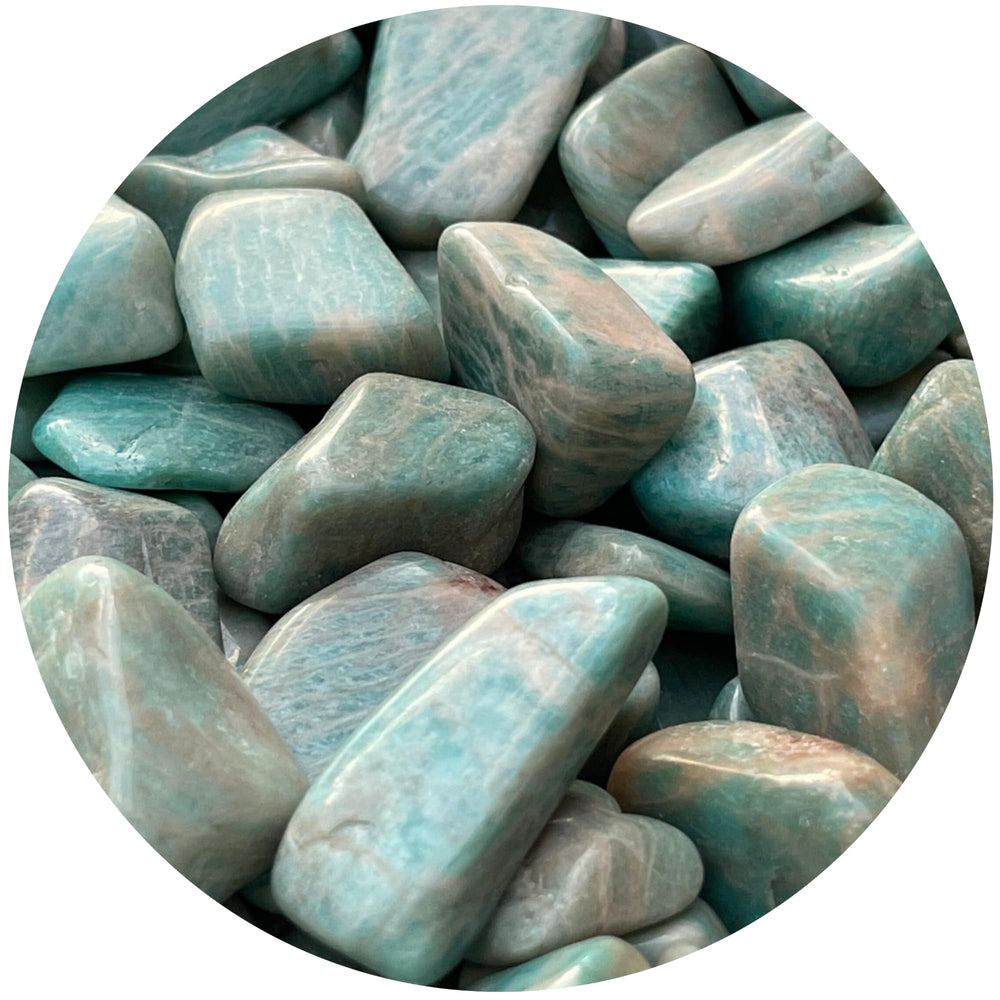 GAF Treasures amazonite tumbled stones on display for crystal grids and meditation.