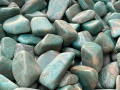 GAF Treasures amazonite tumbled stones variety with size and color differences.