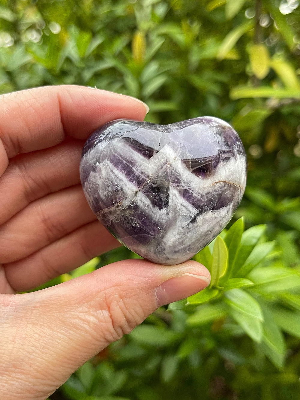 GAF Treasures Chevron Amethyst Heart close-up showing bands and natural charm for mindfulness.