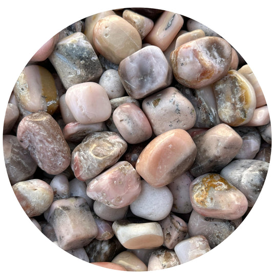 GAF Treasures Pink Opal tumbled stones closeup showing soft pink hues for meditation