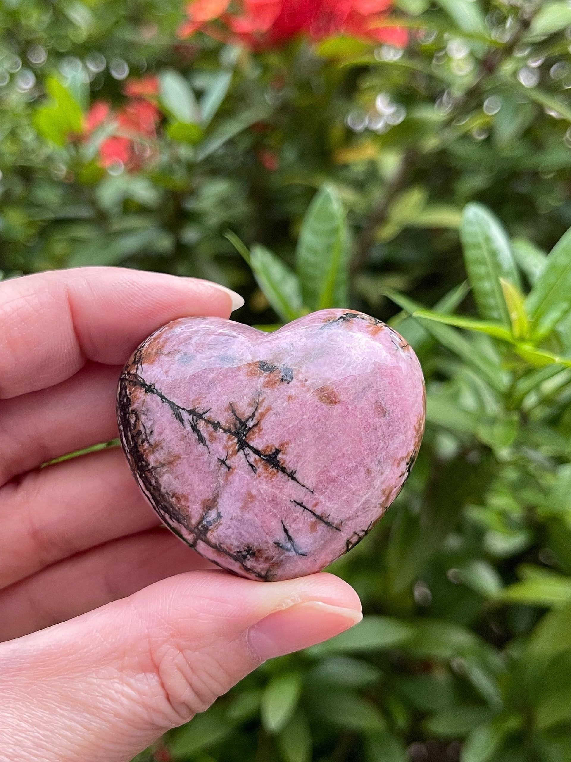 GAF Treasures Rhodonite Puffy Heart polished surface gleams under light for display