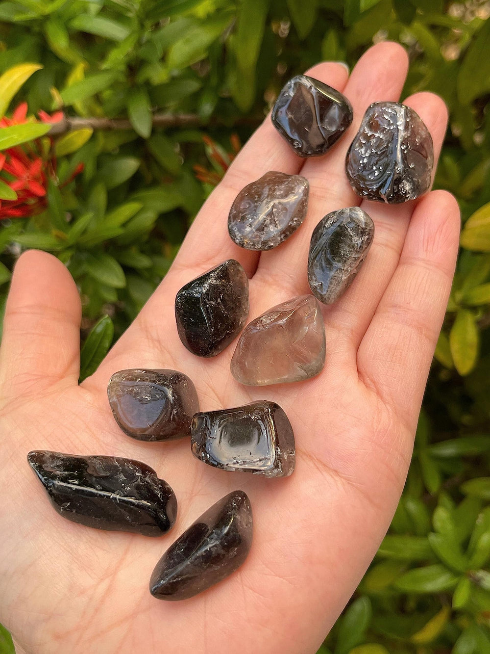 GAF Treasures smoky quartz batch varies in shapes and patterns.